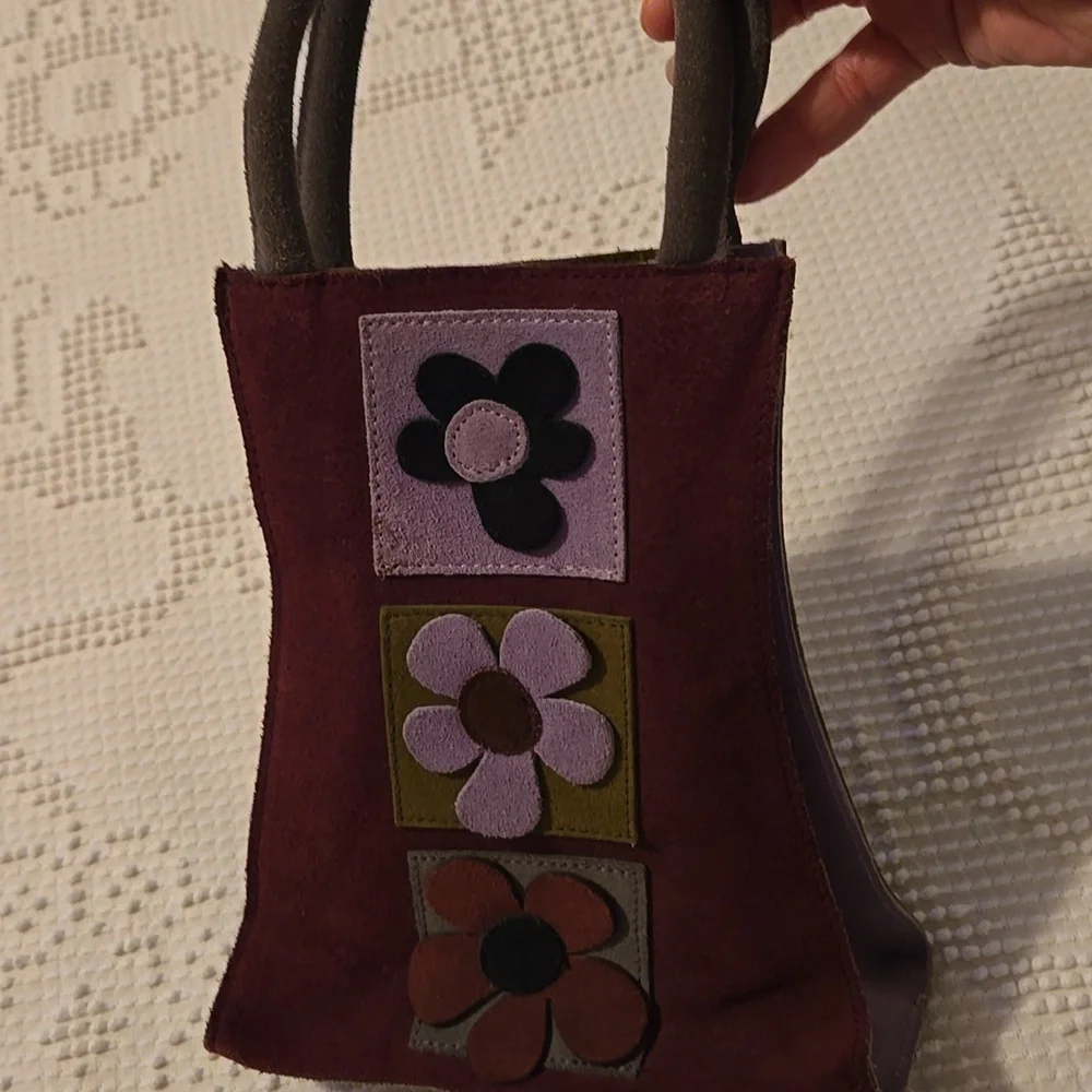 Floral Suede Whimsical Patchwork Handbag - Picture 2 of 5